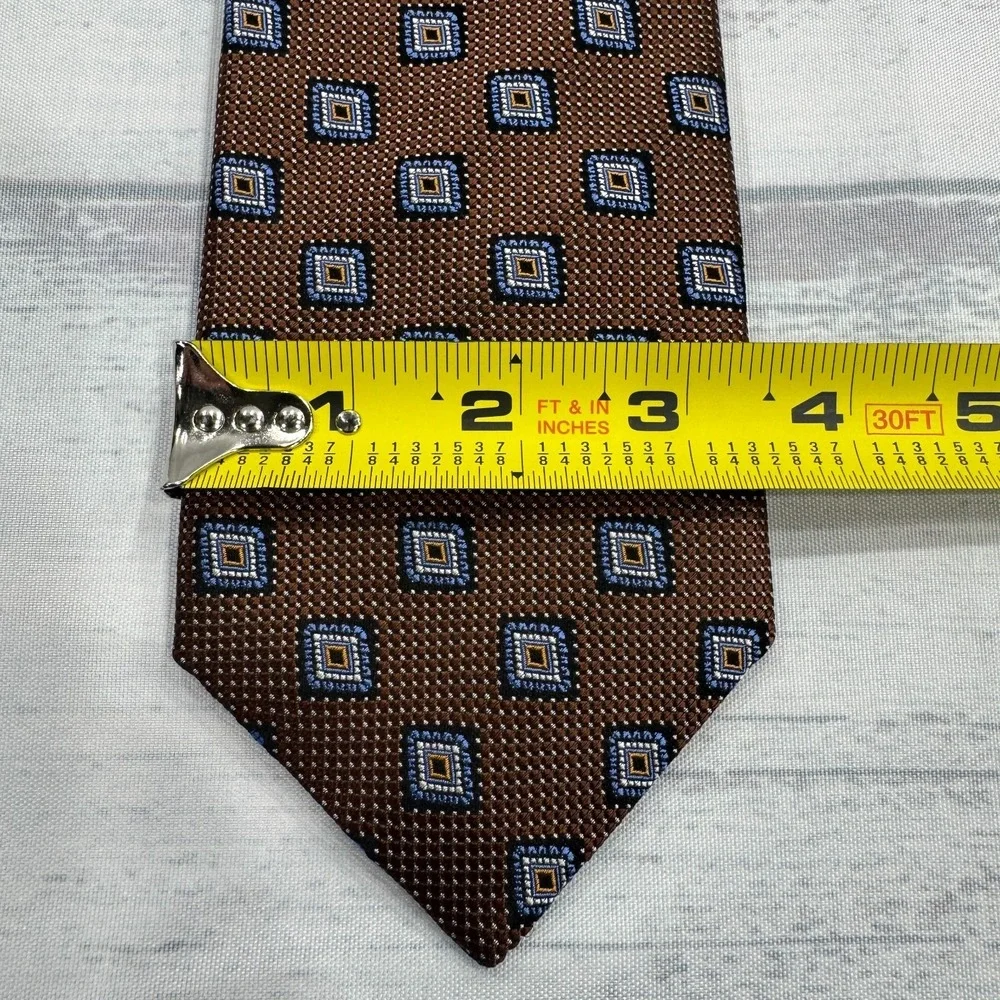 JZ Richards Neck Tie Extra Long‎ Silk Brown Squares Made in USA Mens